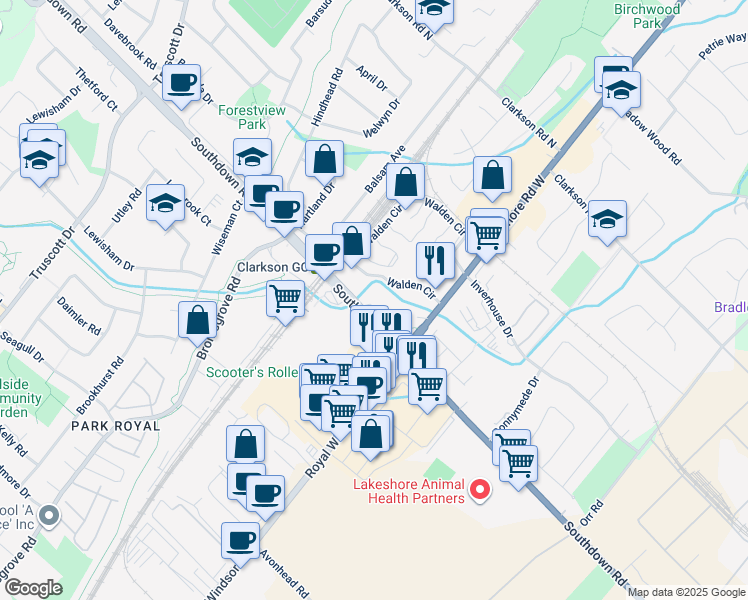 map of restaurants, bars, coffee shops, grocery stores, and more near 1055 Southdown Road in Mississauga