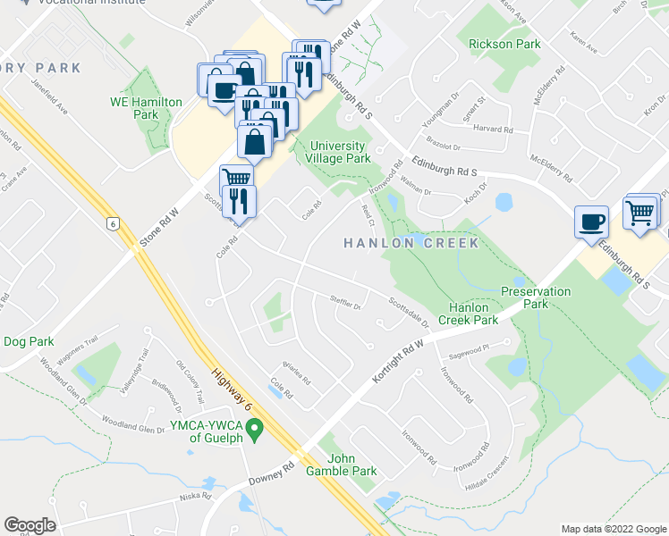 map of restaurants, bars, coffee shops, grocery stores, and more near 740 Scottsdale Drive in Guelph