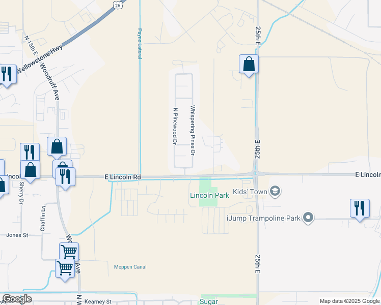 map of restaurants, bars, coffee shops, grocery stores, and more near 1710 East Lincoln Road in Idaho Falls