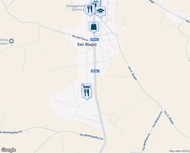 map of restaurants, bars, coffee shops, grocery stores, and more near 65 Via Ancona in San Biagio