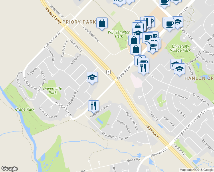 map of restaurants, bars, coffee shops, grocery stores, and more near 827 Hanlon Road in Guelph