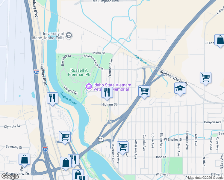 map of restaurants, bars, coffee shops, grocery stores, and more near 1400-1494 Fremont Ave in Idaho Falls