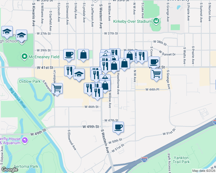 map of restaurants, bars, coffee shops, grocery stores, and more near 2001 West 42nd Street in Sioux Falls