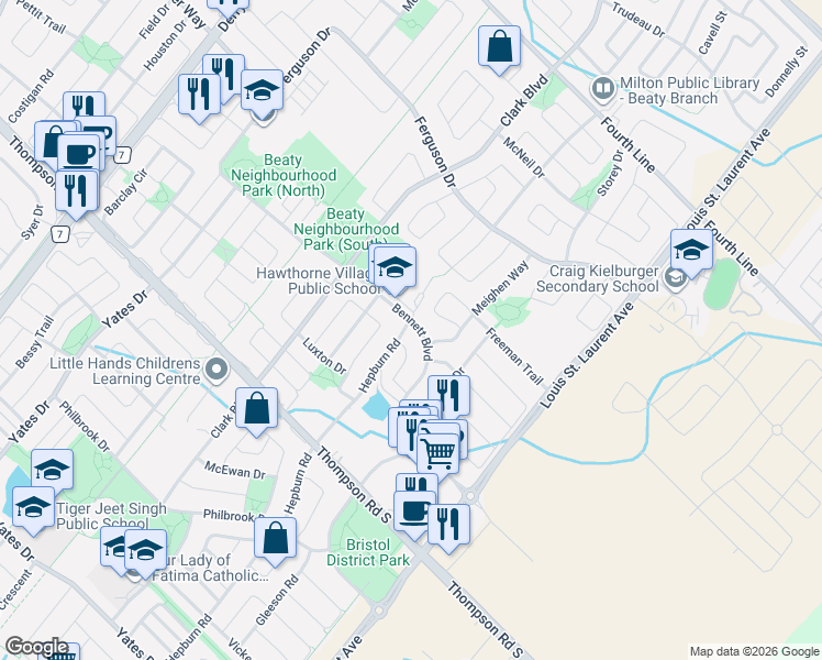 map of restaurants, bars, coffee shops, grocery stores, and more near 901 Bennett Boulevard in Milton