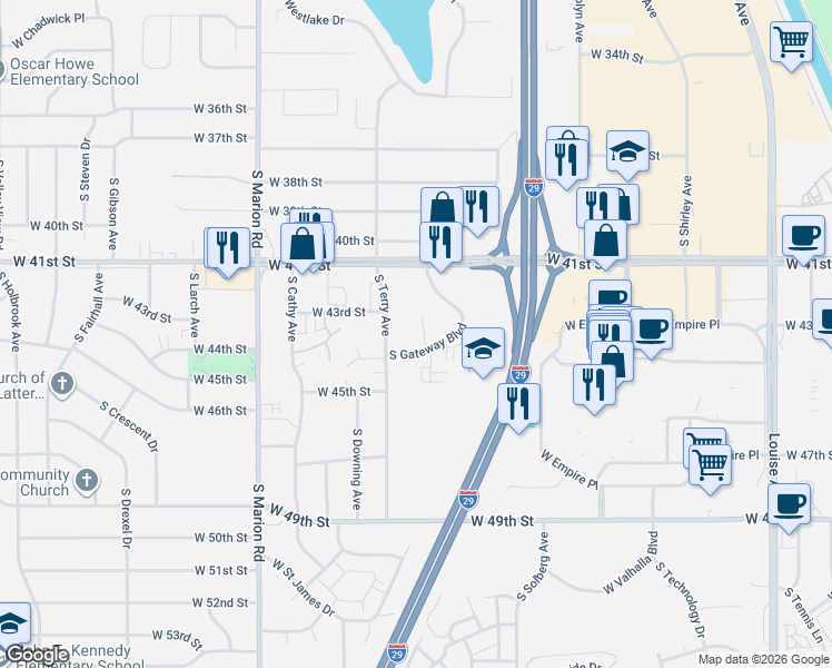 map of restaurants, bars, coffee shops, grocery stores, and more near 3511 South Gateway Boulevard in Sioux Falls