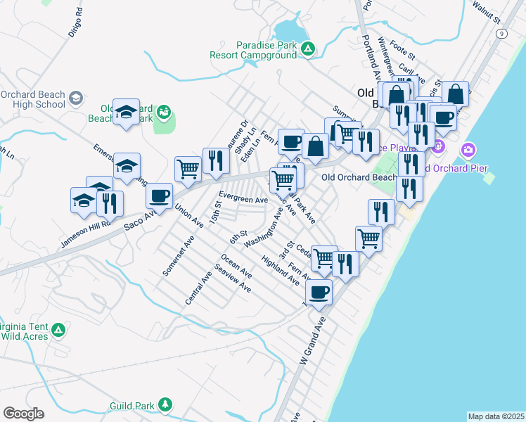 map of restaurants, bars, coffee shops, grocery stores, and more near 4 Pine Avenue in Old Orchard Beach