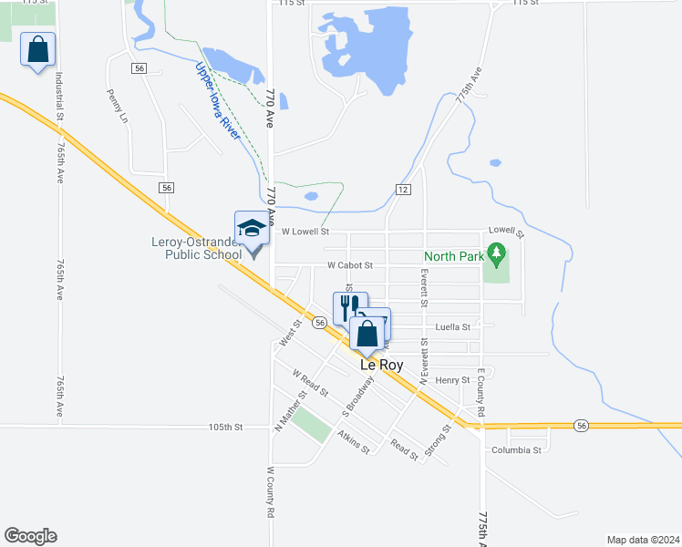 map of restaurants, bars, coffee shops, grocery stores, and more near 806 North Mather Road in Le Roy