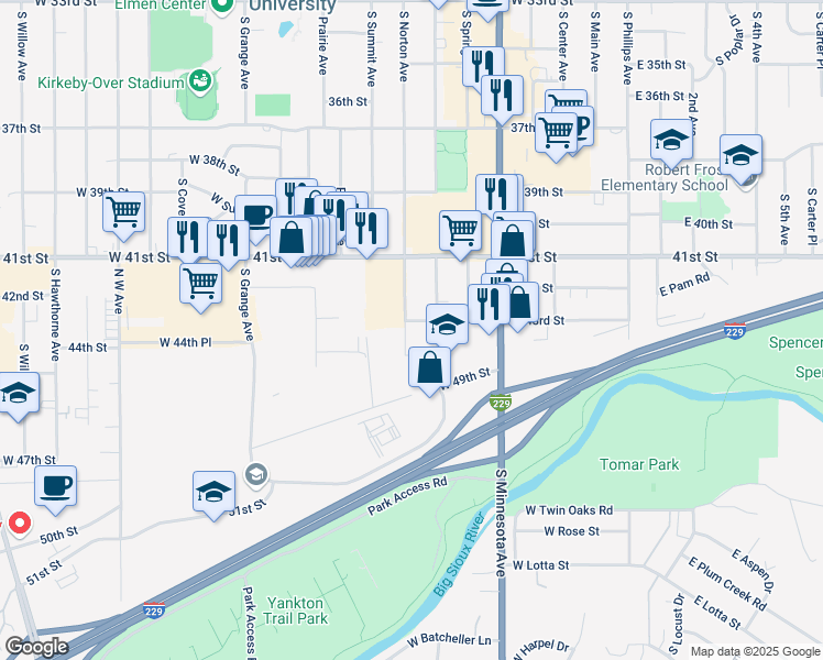 map of restaurants, bars, coffee shops, grocery stores, and more near 3401 South Duluth Avenue in Sioux Falls