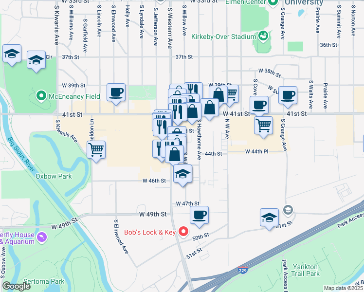 map of restaurants, bars, coffee shops, grocery stores, and more near 2001 West 42nd Street in Sioux Falls