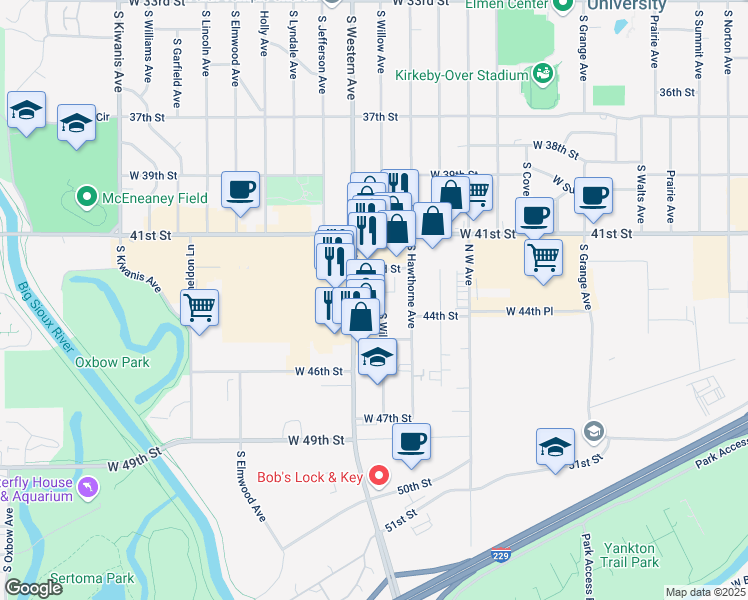 map of restaurants, bars, coffee shops, grocery stores, and more near 3600 South Willow Avenue in Sioux Falls