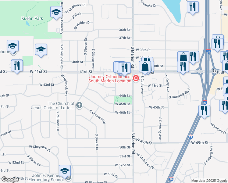 map of restaurants, bars, coffee shops, grocery stores, and more near 3500 South Larch Avenue in Sioux Falls