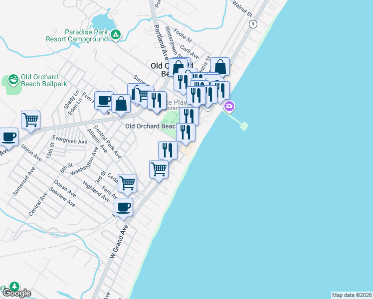 map of restaurants, bars, coffee shops, grocery stores, and more near 29 West Grand Avenue in Old Orchard Beach
