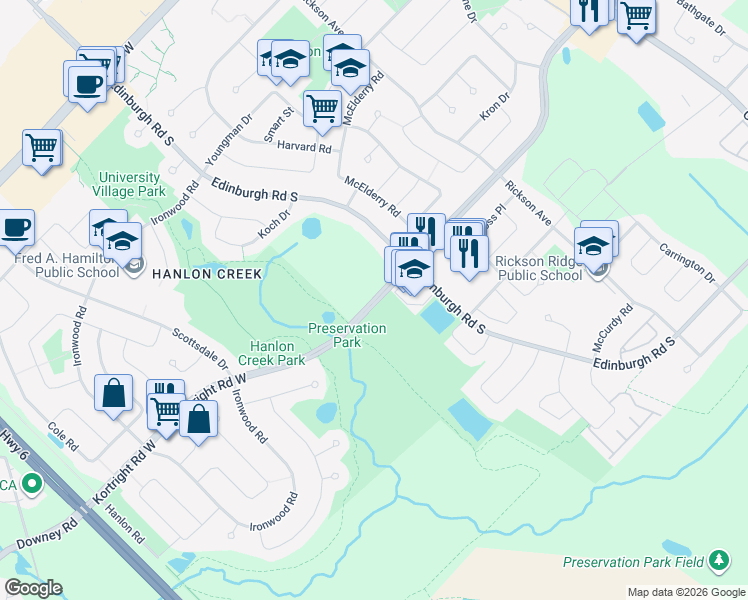 map of restaurants, bars, coffee shops, grocery stores, and more near Kortright Road West in Guelph
