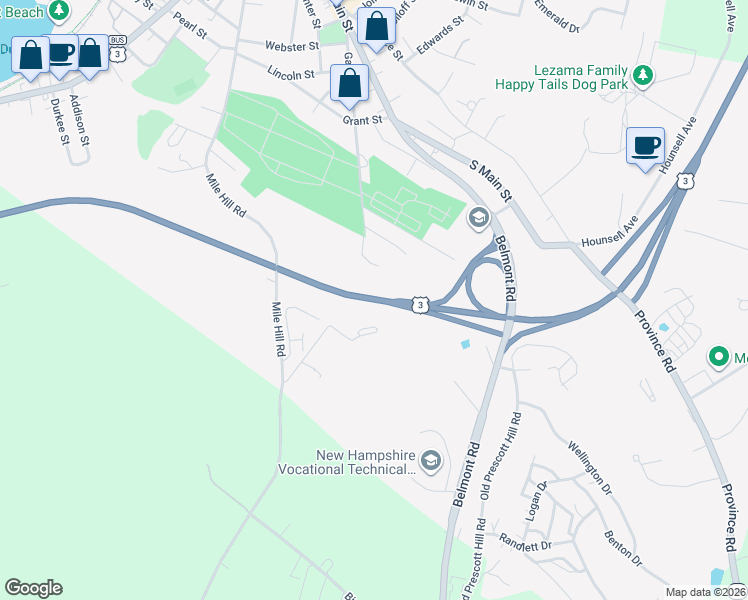 map of restaurants, bars, coffee shops, grocery stores, and more near Laconia-Gilford Bypass in Laconia