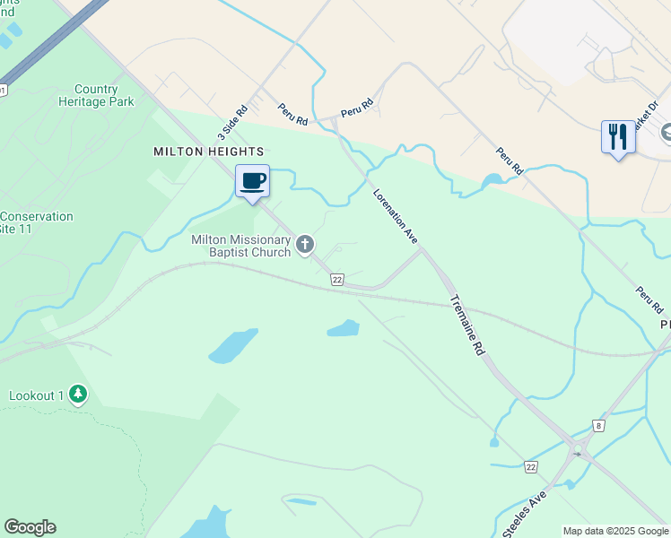 map of restaurants, bars, coffee shops, grocery stores, and more near 79 Tremaine Road in Milton