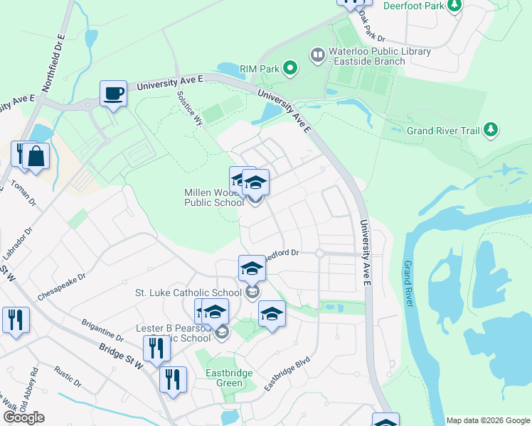 map of restaurants, bars, coffee shops, grocery stores, and more near 302 Schooner Crescent in Waterloo