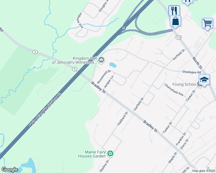 map of restaurants, bars, coffee shops, grocery stores, and more near 54 Rosewood Drive in Saco