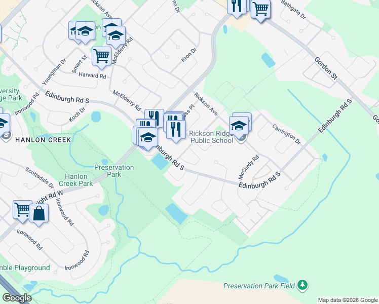 map of restaurants, bars, coffee shops, grocery stores, and more near 83 Moss Place in Guelph