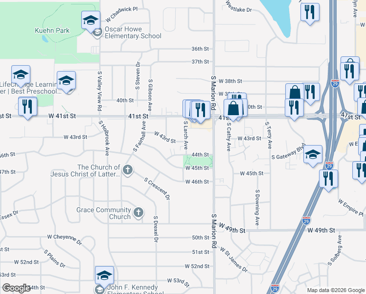 map of restaurants, bars, coffee shops, grocery stores, and more near 3500 South Larch Avenue in Sioux Falls