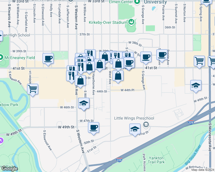 map of restaurants, bars, coffee shops, grocery stores, and more near 3504 South Glendale Avenue in Sioux Falls