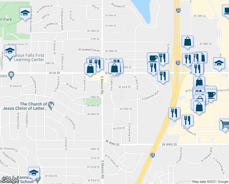 map of restaurants, bars, coffee shops, grocery stores, and more near 5100 West 43rd Street in Sioux Falls