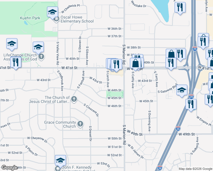 map of restaurants, bars, coffee shops, grocery stores, and more near 3500 South Larch Avenue in Sioux Falls