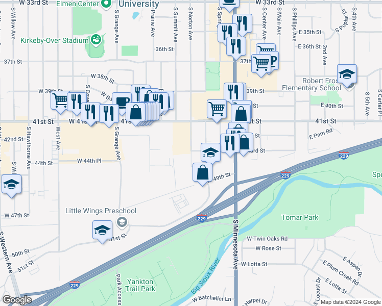 map of restaurants, bars, coffee shops, grocery stores, and more near 3505 South Norton Avenue in Sioux Falls