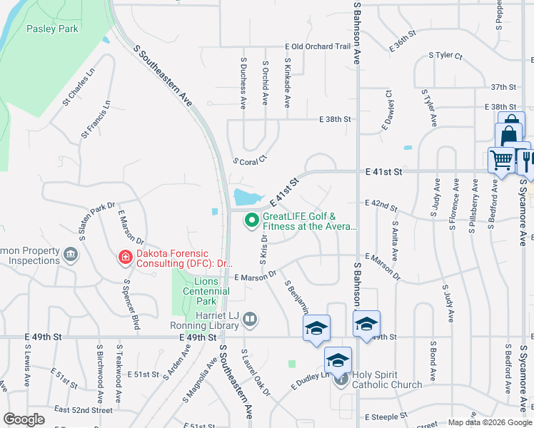 map of restaurants, bars, coffee shops, grocery stores, and more near 2880-3000 E 41st St in Sioux Falls