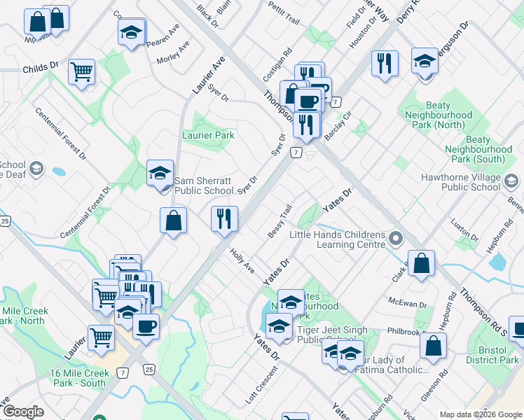 map of restaurants, bars, coffee shops, grocery stores, and more near 625 Laughren Crescent in Milton