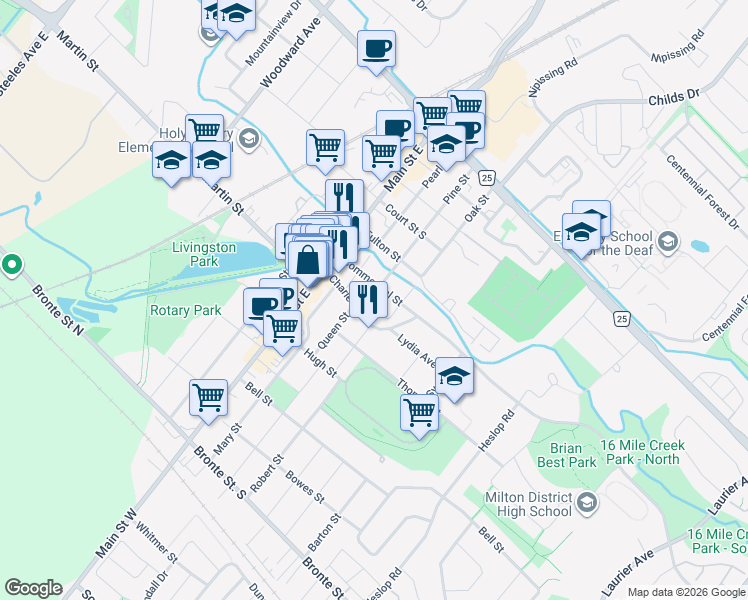 map of restaurants, bars, coffee shops, grocery stores, and more near 262 Pine Street in Milton