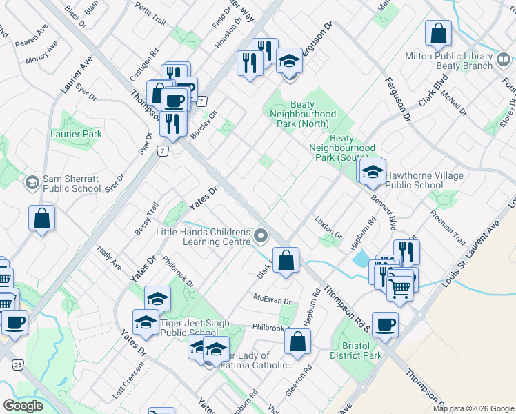 map of restaurants, bars, coffee shops, grocery stores, and more near 785 Irving Terrace in Milton
