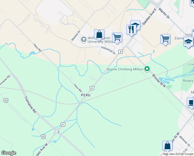 map of restaurants, bars, coffee shops, grocery stores, and more near 3161 Steeles Avenue West in Milton