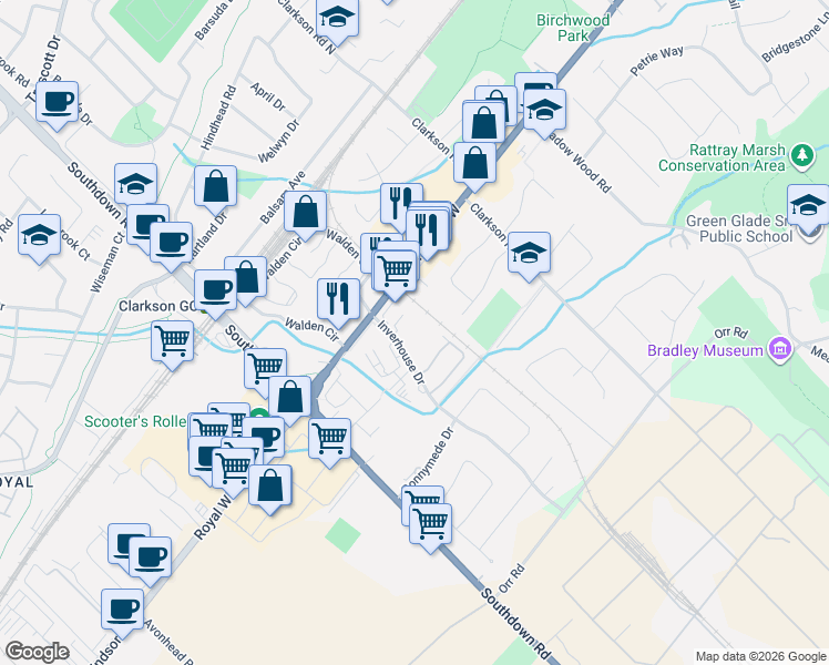 map of restaurants, bars, coffee shops, grocery stores, and more near 965 Inverhouse Drive in Mississauga
