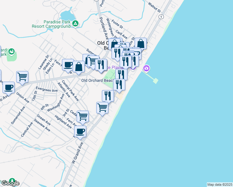 map of restaurants, bars, coffee shops, grocery stores, and more near 23 1st Street in Old Orchard Beach