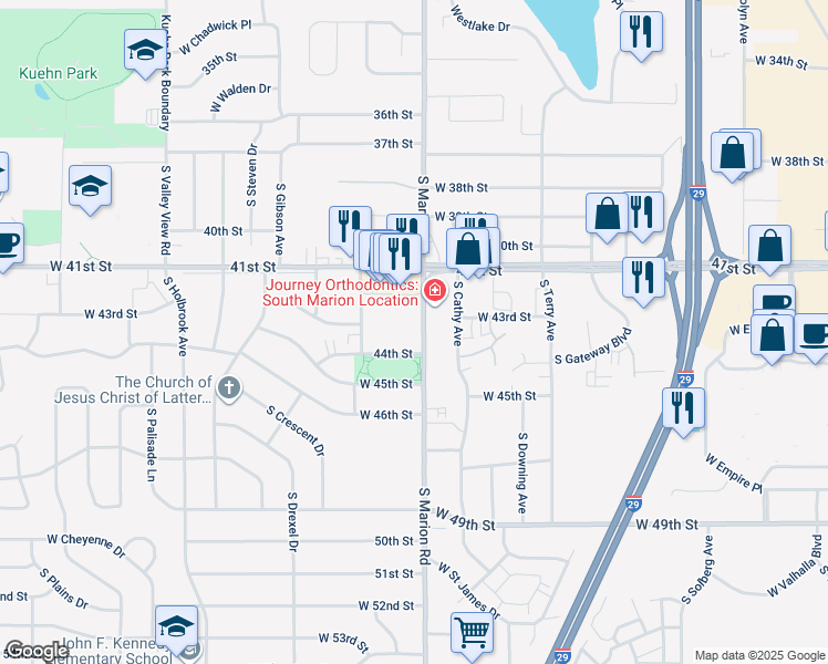 map of restaurants, bars, coffee shops, grocery stores, and more near 3507 South Marion Road in Sioux Falls