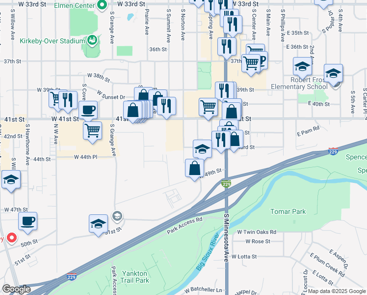 map of restaurants, bars, coffee shops, grocery stores, and more near 3500 South Norton Avenue in Sioux Falls