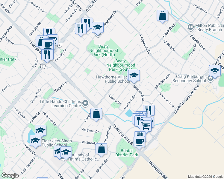 map of restaurants, bars, coffee shops, grocery stores, and more near 1056 Clark Boulevard in Milton