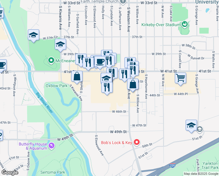 map of restaurants, bars, coffee shops, grocery stores, and more near 2101 W 41st St in Sioux Falls