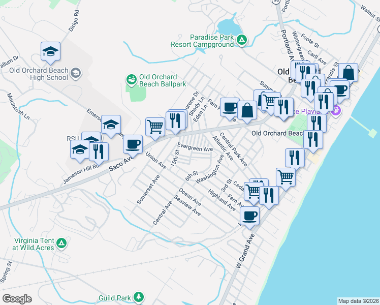 map of restaurants, bars, coffee shops, grocery stores, and more near in Old Orchard Beach