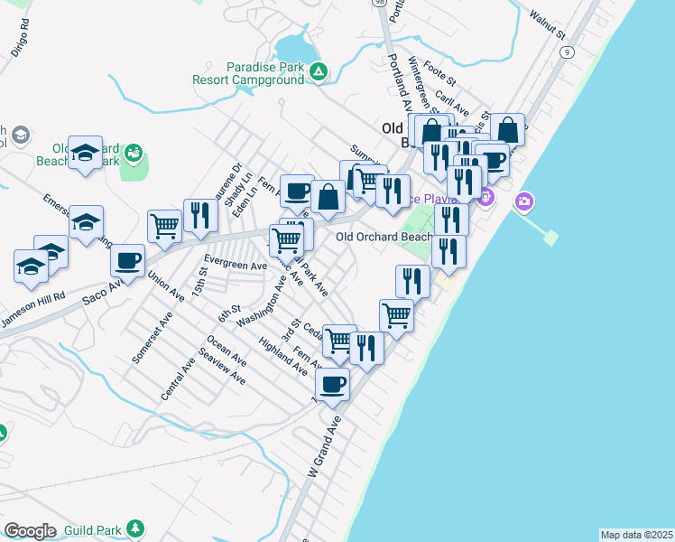 map of restaurants, bars, coffee shops, grocery stores, and more near 3 Avon Avenue in Old Orchard Beach