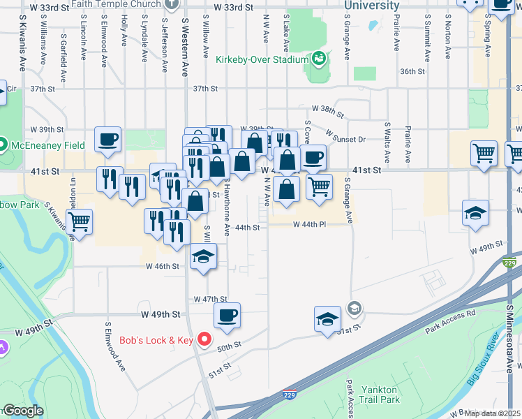 map of restaurants, bars, coffee shops, grocery stores, and more near 3504 South Glendale Avenue in Sioux Falls