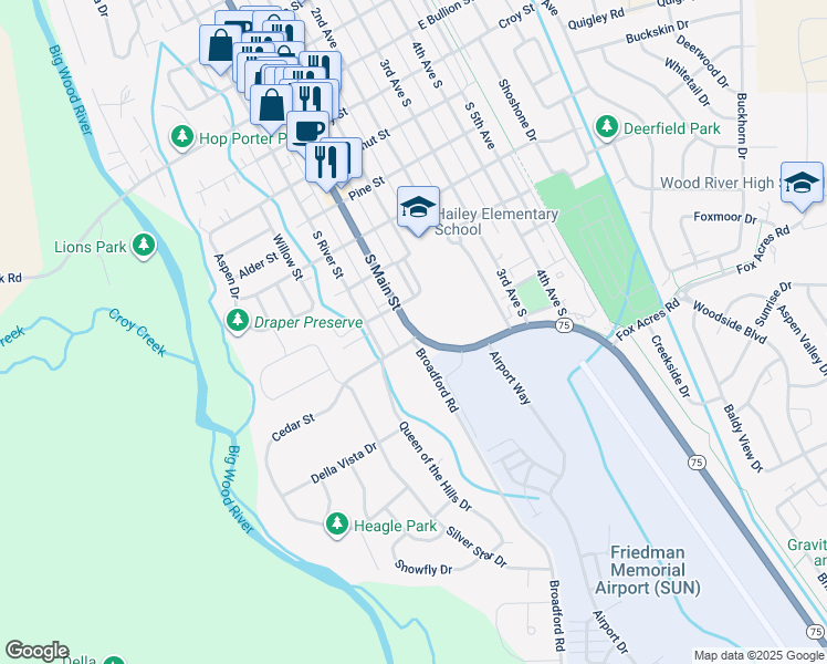 map of restaurants, bars, coffee shops, grocery stores, and more near 791 South Main Street in Hailey
