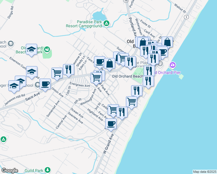 map of restaurants, bars, coffee shops, grocery stores, and more near 14 Westland Avenue in Old Orchard Beach