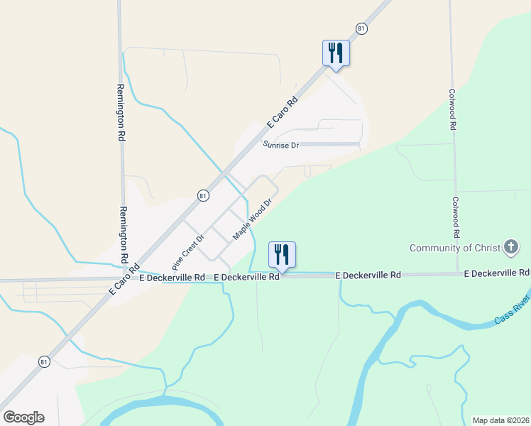 map of restaurants, bars, coffee shops, grocery stores, and more near 1634 Maple Wood Drive in Caro