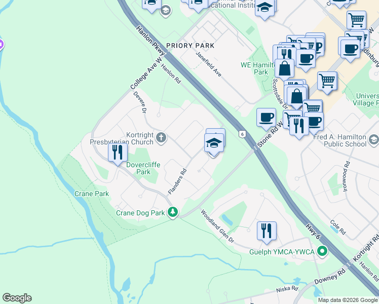 map of restaurants, bars, coffee shops, grocery stores, and more near 76 Devere Drive in Guelph