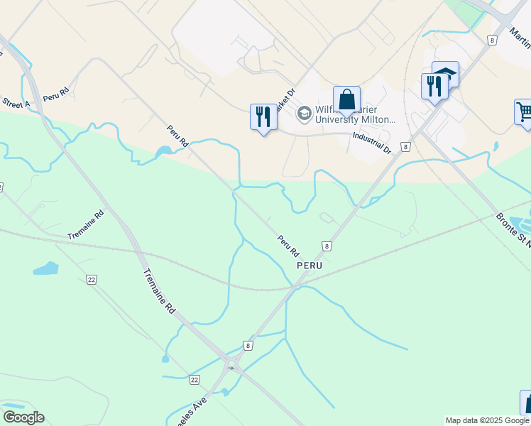 map of restaurants, bars, coffee shops, grocery stores, and more near 25 Peru Road in Milton