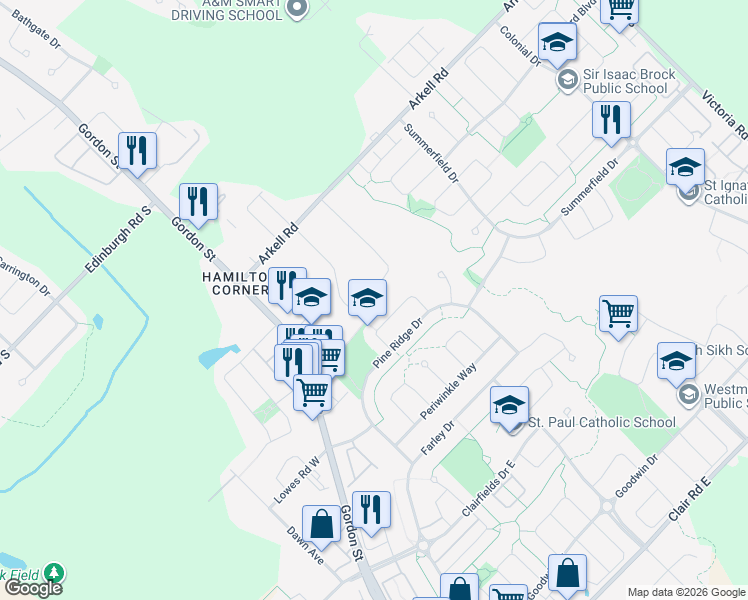 map of restaurants, bars, coffee shops, grocery stores, and more near 34 Ridgeway Avenue in Guelph