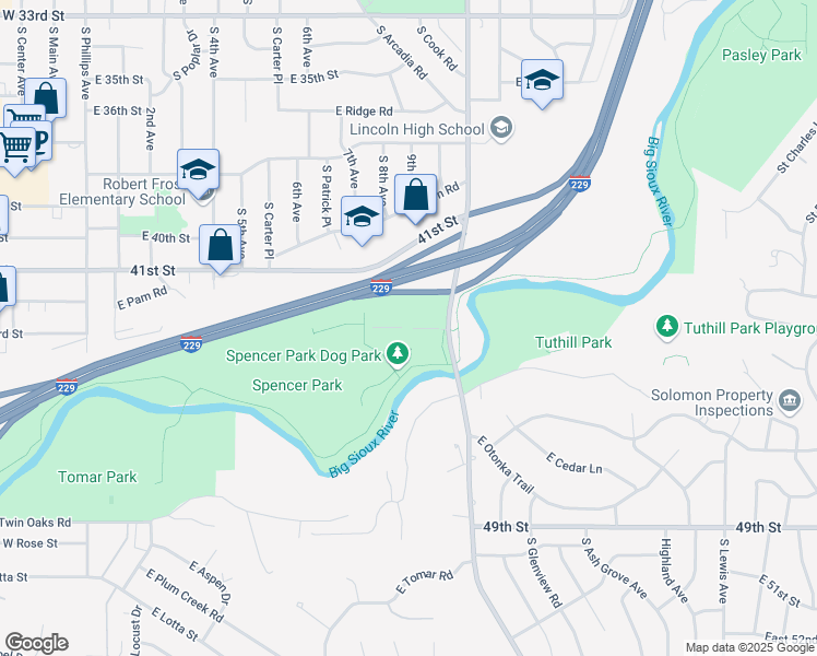 map of restaurants, bars, coffee shops, grocery stores, and more near Park Road in Sioux Falls