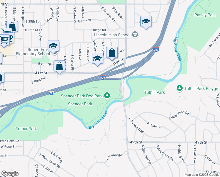 map of restaurants, bars, coffee shops, grocery stores, and more near Park Road in Sioux Falls