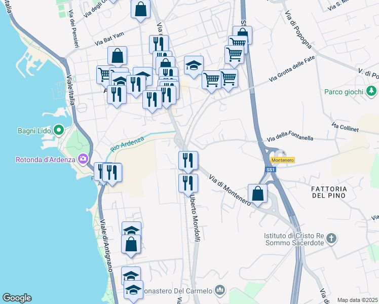 map of restaurants, bars, coffee shops, grocery stores, and more near 7 Via Grotta delle Fate in Livorno